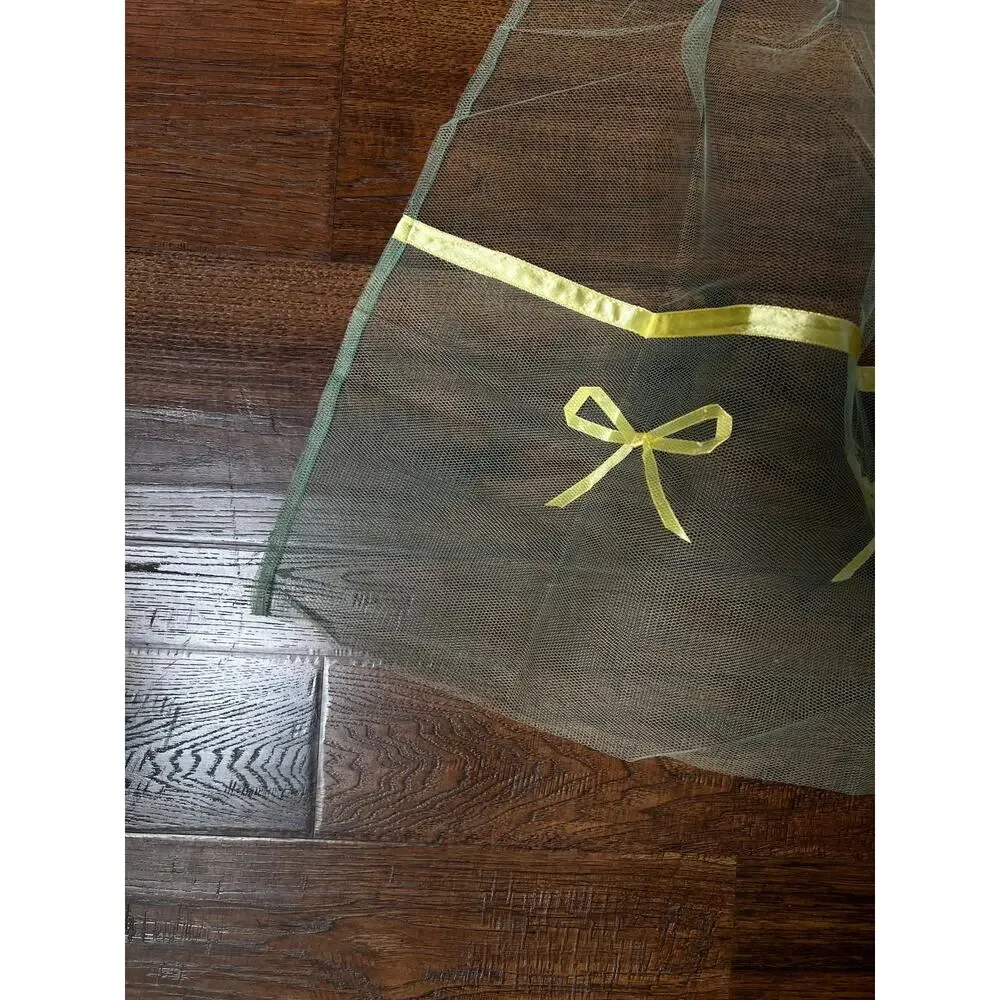 Vintage Handmade Green Tulle Half Apron — Mid Century Yellow Satin Ribbon Bows